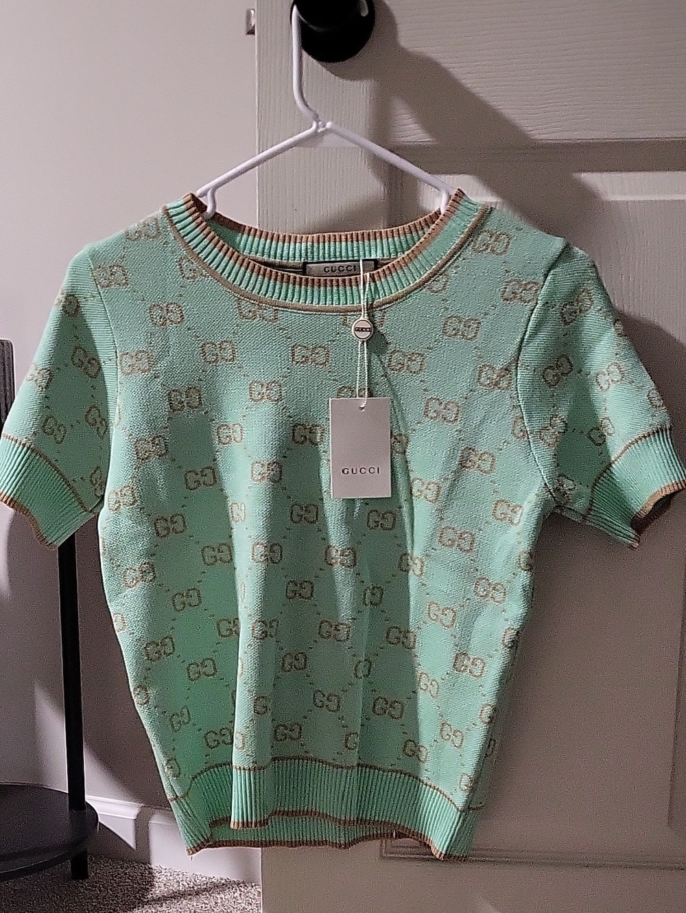Gucci Mint Green and Beige GG Jacquard Short Sleeve Pullover